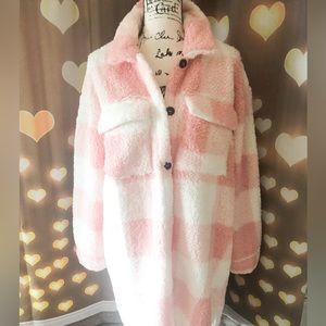 Teddy coat sherpa jacket plaid pink white fuzzy pocket button long oversize